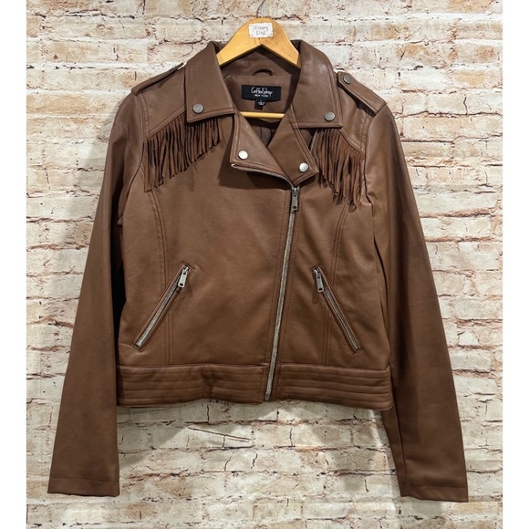 CoffeeShop Junior's Brown Faux Leather Fringe Moto Jacket Size L - Picture 7 of 9